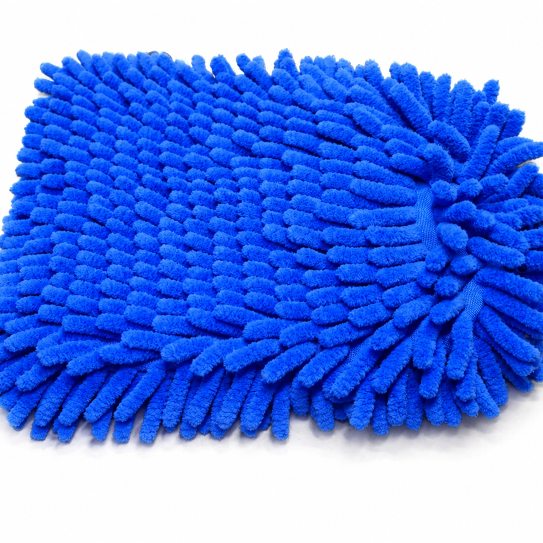 Detail Foundry PlushWash Mitt with deep blue chenille microfibre noodles, laid flat on a white background