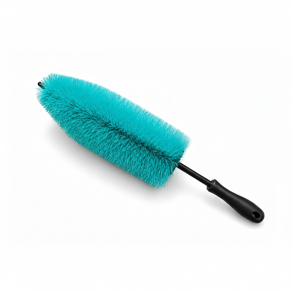 Detail Foundry Wheel Barrel Pro long-reach wheel barrel brush with teal bristles and black grip handle