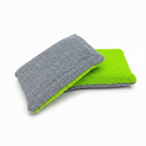 Two CoatPro Microfibre Applicators stacked, showing the grey and green soft microfibre faces