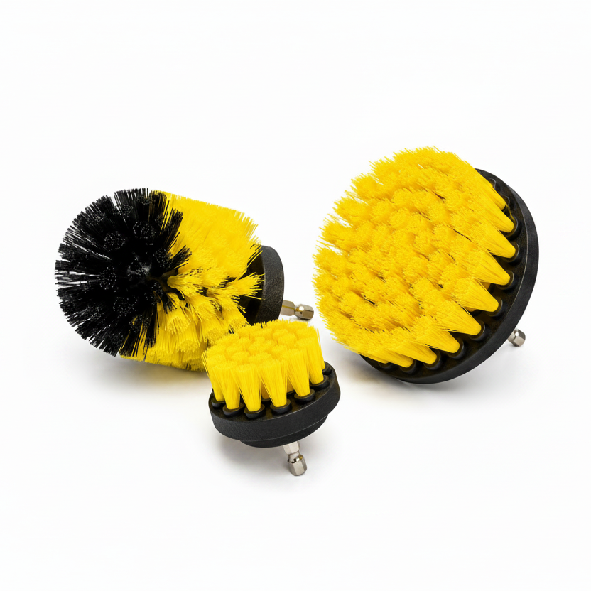 Detail Foundry Drill Brush Kit: three yellow nylon drill brush heads with hex shafts, in large flat, cone and small sizes