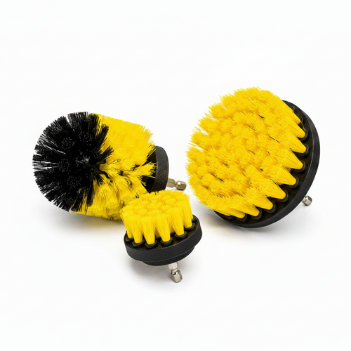 Detail Foundry Drill Brush Kit: three yellow nylon drill brush heads with hex shafts, in large flat, cone and small sizes