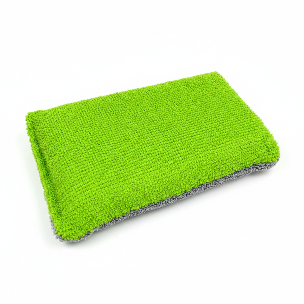 Detail Foundry CoatPro Microfibre Applicator with green microfibre face and grey edging, on a white background