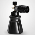 Detail Foundry Snowstorm Foam Cannon — wide-base 1L bottle with measurement markings, adjustable foam dial on top, brass inlet and quick-connect fitting for a pressure washer.
